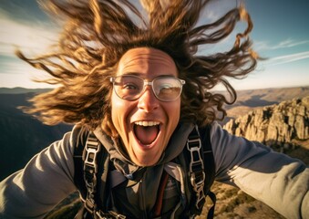 Selfie of Base Jumper jumping of the mountain. Generative AI.