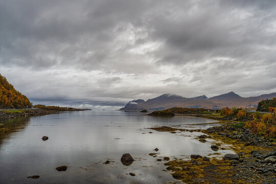 Beautiful views at this small inlet called  Grashopkjosen in northern Norway on a cloudy day, Troms og Finnmark