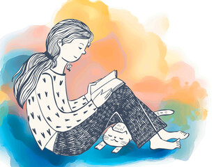 A girl with a book and a cat on a watercolor background. Vector illustration.