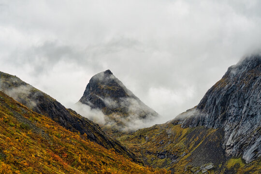 Botntinden mountain is 783 meters high, a beautiful sight, in the foreground trees in their autumnal colors, Troms og Finnmark, Norway