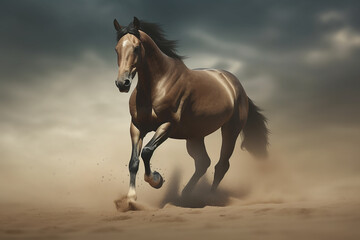 Fototapeta na wymiar Portrait of a horse is running in the sand on a cloudy day generative AI technology