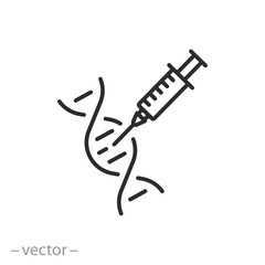 gmo icon, dna helix with syringe injected, genetically modified organism, bioengineering concept, thin line symbol - editable stroke vector illustration