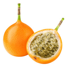 Granadilla or yellow passion fruit isolated on white background, full depth of field