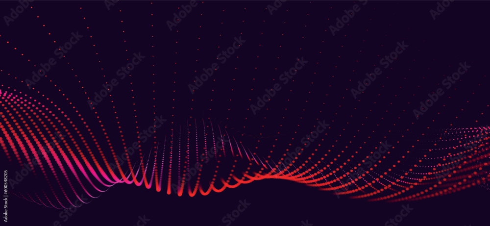 Poster wave of particles. futuristic dots pattern on dark background. big data digital code. technology or 