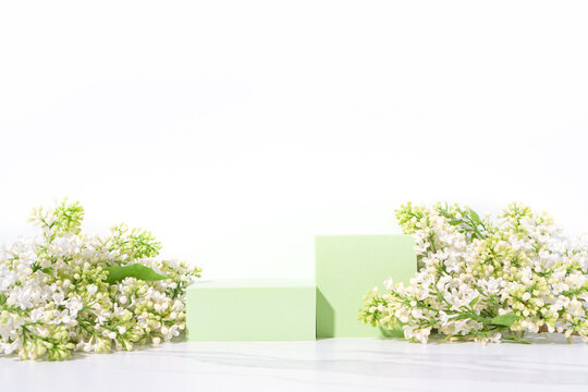 Cosmetics skin care product presentation stage and display with copy space made with green podium and blossom branch on white background. Studio photography.