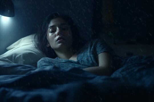 Woman Struggling with Insomnia and Sleep Paralysis in Bed, nightmares. Generative Ai