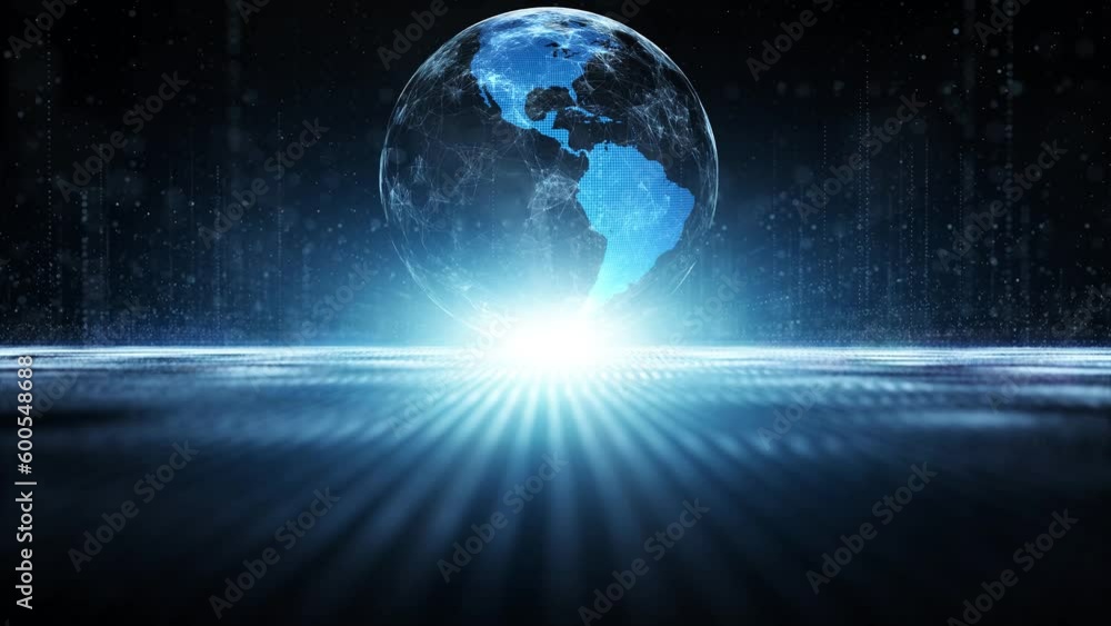 Wall mural loop digital futuristic earth sphere in glowing blue cyberspace.