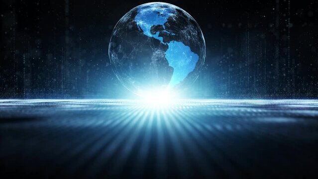 Loop digital futuristic earth sphere in glowing blue cyberspace. 