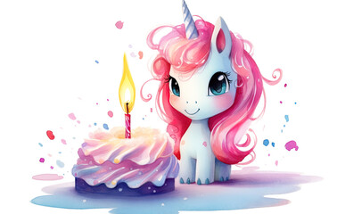 Adorable cute unicorn celebrates birthday with cake and candles, rainbow colors, iced cake, candles. White background. Generative AI.
