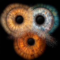photo of three eyes taken in macro mode, different persons, simulating collision