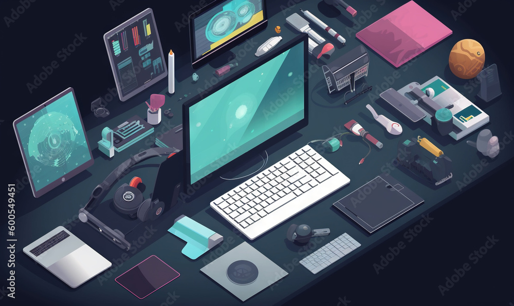 Poster a desk with a computer, keyboard, mouse and other items. generative ai