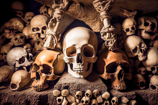 Skulls and bones in the ancient ossuary, Naples, Italy. Generative AI