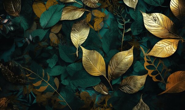  a green and gold leafy wallpaper with gold leaves.  generative ai