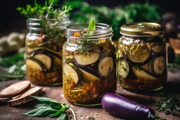 Colorful homemade jars of aubergines picked and preserved in oil - Generative AI - obrazy, fototapety, plakaty