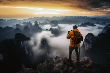 The photographer stands on a peak with a beautiful mountain landscape. Active vacations outdoor adventure travel concept - Generative AI - obrazy, fototapety, plakaty