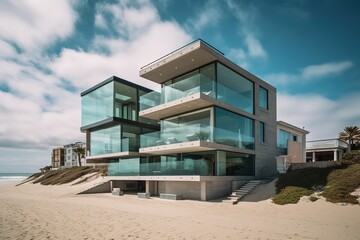 Fototapeta na wymiar Luxury house with sea view and beach terrace in modern design, Holiday home or holiday villa for large family - Generative AI