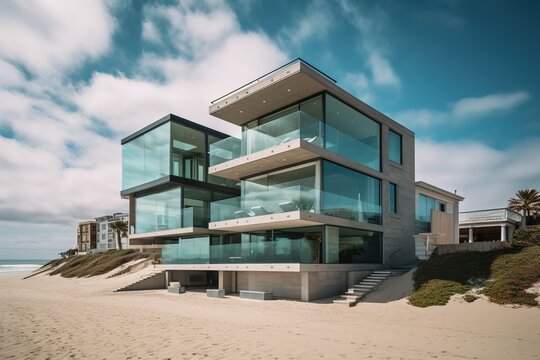 Luxury house with sea view and beach terrace in modern design, Holiday home or holiday villa for large family - Generative AI