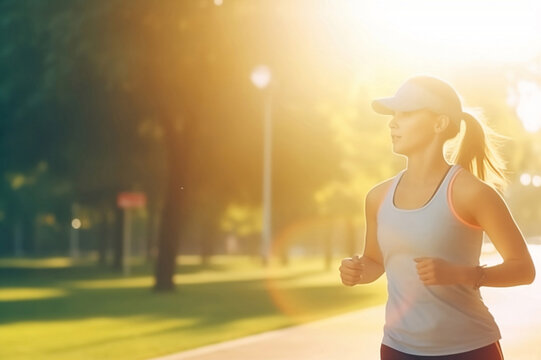 Sportive woman in a cap and top running jogging in a park at sunset. Waist portrait illustration created with Generative AI technology