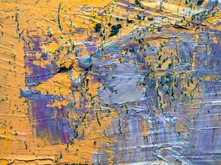 Colorful surface of the painting on canvas. Painting artwork facture. Colorful texture. Abstract background. Oil painting on canvas with orange, blue, violet colors. 