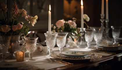 Fototapeta na wymiar Elegant wedding table with ornate silverware arrangement generated by AI