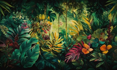 Fototapeta na wymiar a painting of a jungle with lots of plants and flowers. generative ai