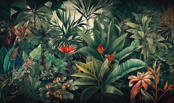  a painting of tropical plants and flowers in a jungle setting.  generative ai