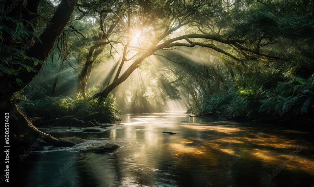 Poster a stream running through a lush green forest filled with trees. generative ai