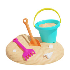 3d render colorful toy bucket with sand and toy shovel and rake