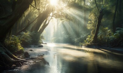  the sun shines through the trees over a river in a forest.  generative ai