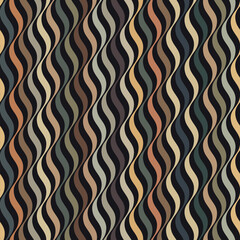 Seamless abstract geometric pattern. Vertical multicolored wavy stripes on a black background. Thin lines in blue, brown, and green. Vintage style striped textile texture. Vector illustration.