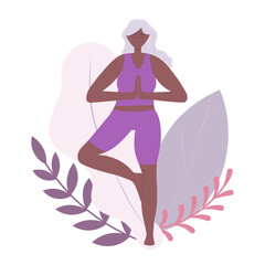 Fototapeta na wymiar Colored flat vector illustration. Vector illustration in flat cartoon style. Woman meditating in nature and leaves. Concept illustration for yoga, meditation, relax, recreation, healthy lifestyl
