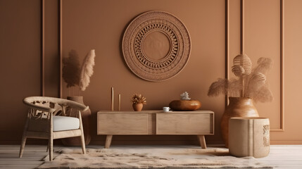 Cozy home interior with wooden furniture on brown background, empty wall mockup in boho decoration.