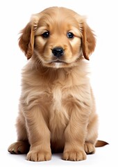 Portrait of happy and smiling cute golden retriever puppy dog on white background. Generative AI.