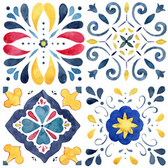 Watercolor abstract seamless pattern consisting of blue, red, yellow elements and Mediterranean tiles. Hand painted illustration isolation on white background for design, print, fabric or background. - 600552236