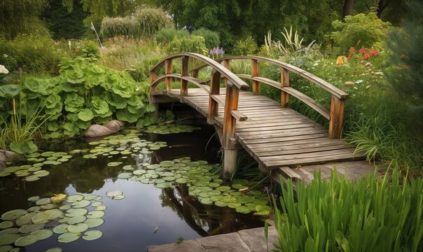  a wooden bridge over a small pond with lily pads on it.  generative ai