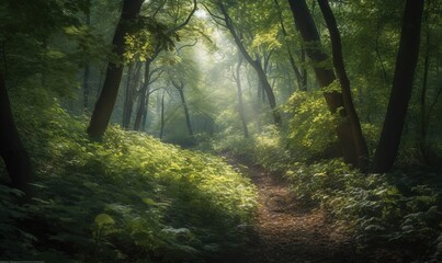  a path through a forest with lots of trees and bushes.  generative ai