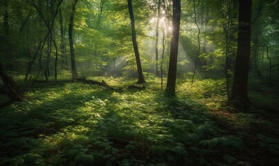  a forest filled with lots of green trees and grass covered ground.  generative ai