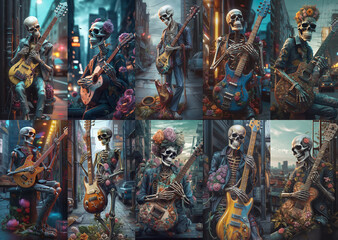 Skeleton playing guitar on the street. A set of various vertical backgrounds for mobile phone AI generated 