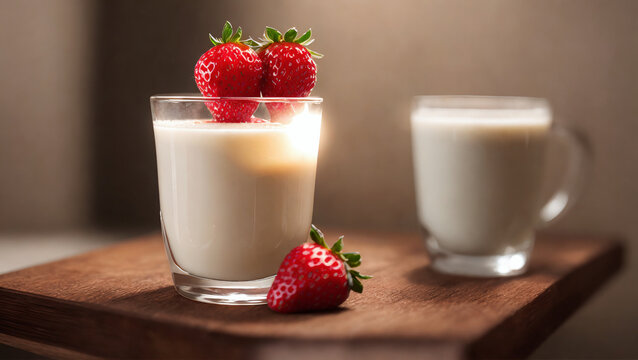 two strawberries on top of shining glass with milk on wooden table top with brown wall in background, generative AI