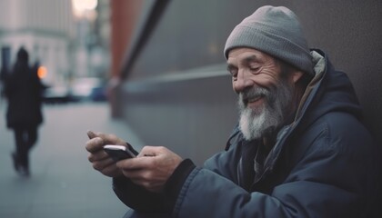 A happy homeless man is using a cell phone and laughing with others - AI Generative