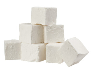 Feta, Greek cheese cubes, isolated on white background, full depth of field