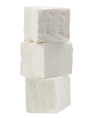 Feta, Greek cheese cubes, isolated on white background, full depth of field