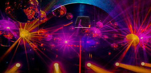 holiday party music background with microphone and vinyl record and glowing disco balls
