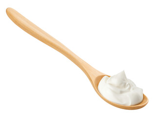 sour cream on wooden spoon, mayonnaise, yogurt, isolated on white background, full depth of field
