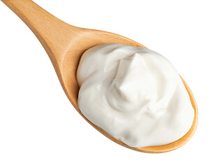 sour cream on wooden spoon, mayonnaise, yogurt, isolated on white background, full depth of field