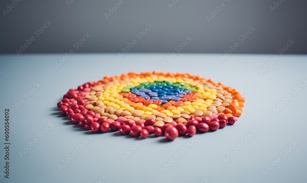 Poster a rainbow colored object on a white surface with a blue background. generative ai