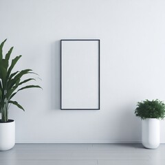 Empty horizontal frame mockup in modern minimalist interior with plant in trendy vase on white wall background. Template for artwork, painting, photo or poster