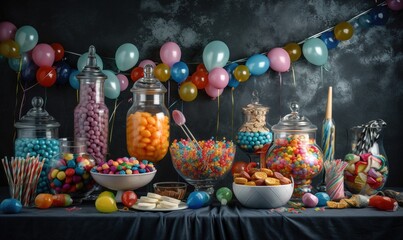 Fototapeta premium a table topped with lots of candy and candies next to a string of balloons. generative ai