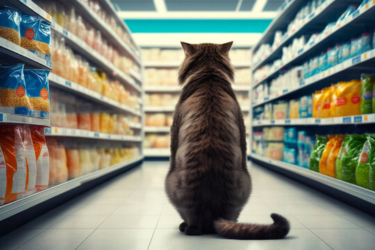 Cute cat in a pet store looking and choosing its own food. Generative AI