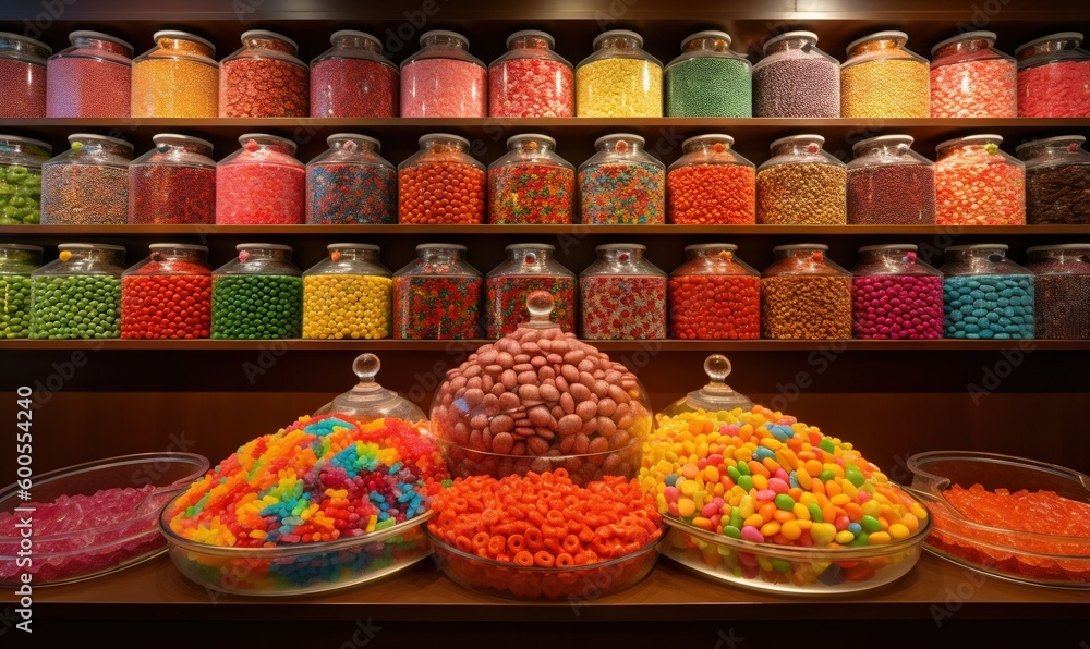 Poster a variety of candy in a store with a shelf full of jars. generative ai